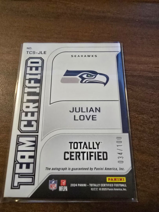 Julian Love 2024 Totally Certified Team Certified Auto Red 34/100. Seahawks