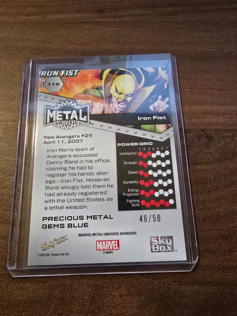 2024 Skybox Marvel Metal Universe Avengers PMG Blue #46/50 Iron Fist #119 SP