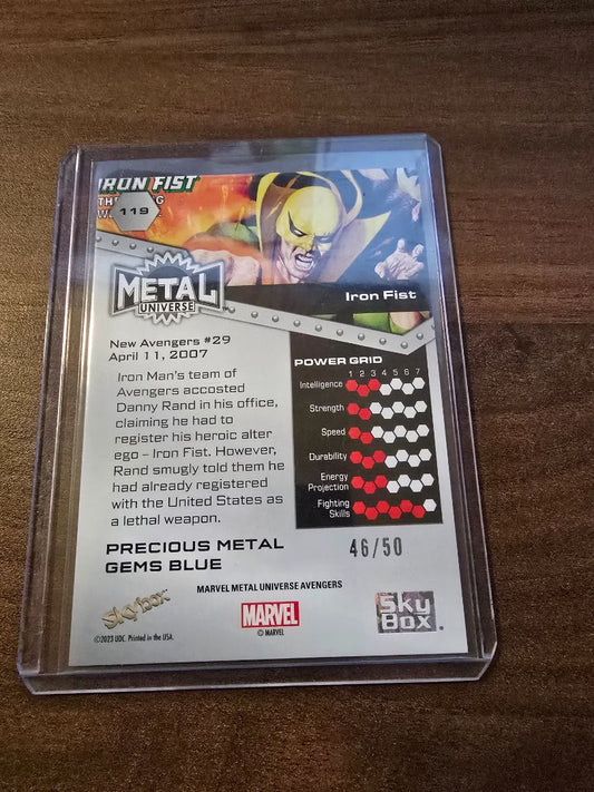 2024 Skybox Marvel Metal Universe Avengers PMG Blue #46/50 Iron Fist #119 SP