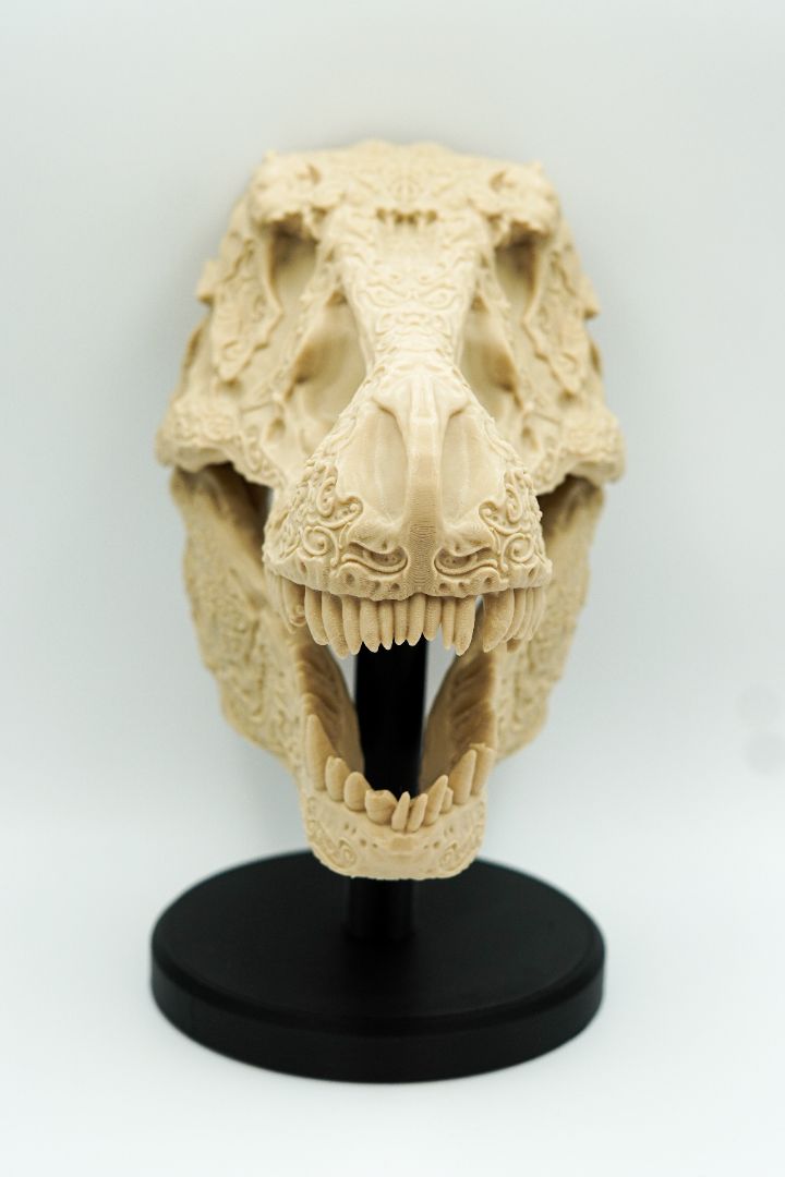 Intricately Carved Tyrannosaurus Rex Skull – Artisan Fossil Replica with Floral and Ornamental Detailing