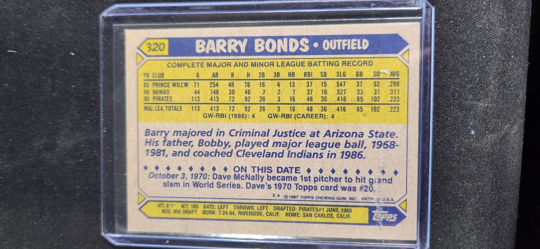 1987 Topps #320 Barry Bonds RC