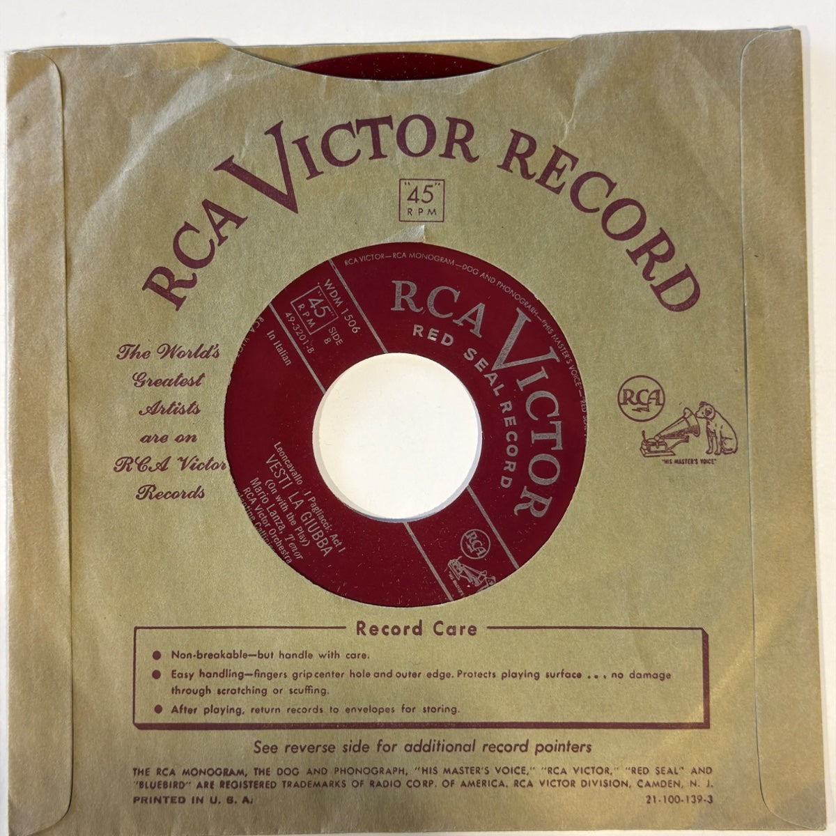 Mario Lanza - VESTI LA GIUBBA (On with the Play) Leoncavallo I Pagliacci: Act 1 (1951) - Vinyl