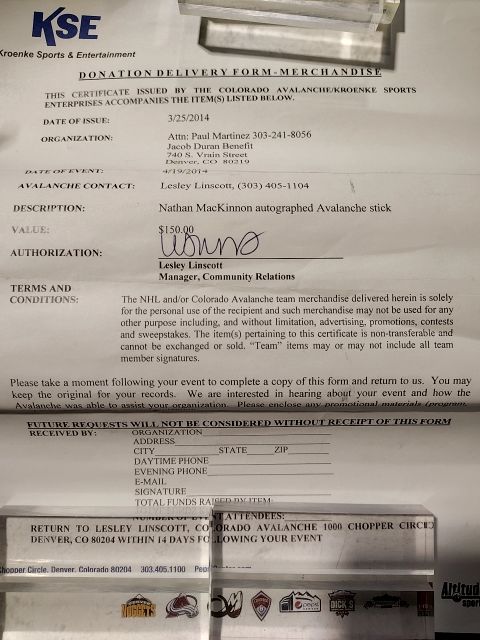 Nate MacKinnon autographed Avalanche hockey stick with certificate