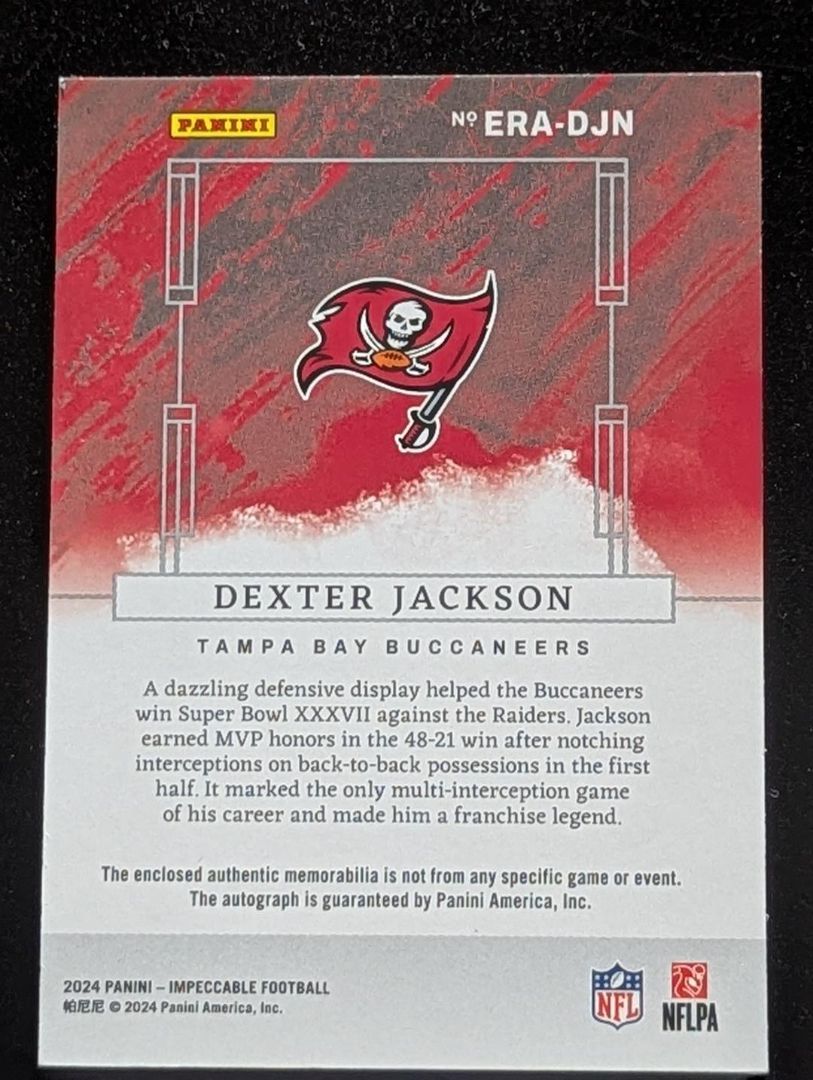 2024 Panini Impeccable Football Autographed/Elegance Retired Patch card of Dexter Jackson with Tampa Bay Buccaneers 41/75