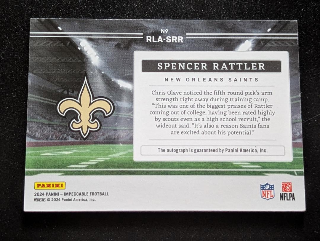 2024 Impeccable Football Autographed Spencer Rattler New Orleans Saints 45/99